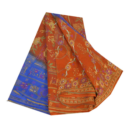 Sanskriti Vintage Sarees Blue/Orange Pure Chiffon Printed Sari 5+yd Craft Fabric