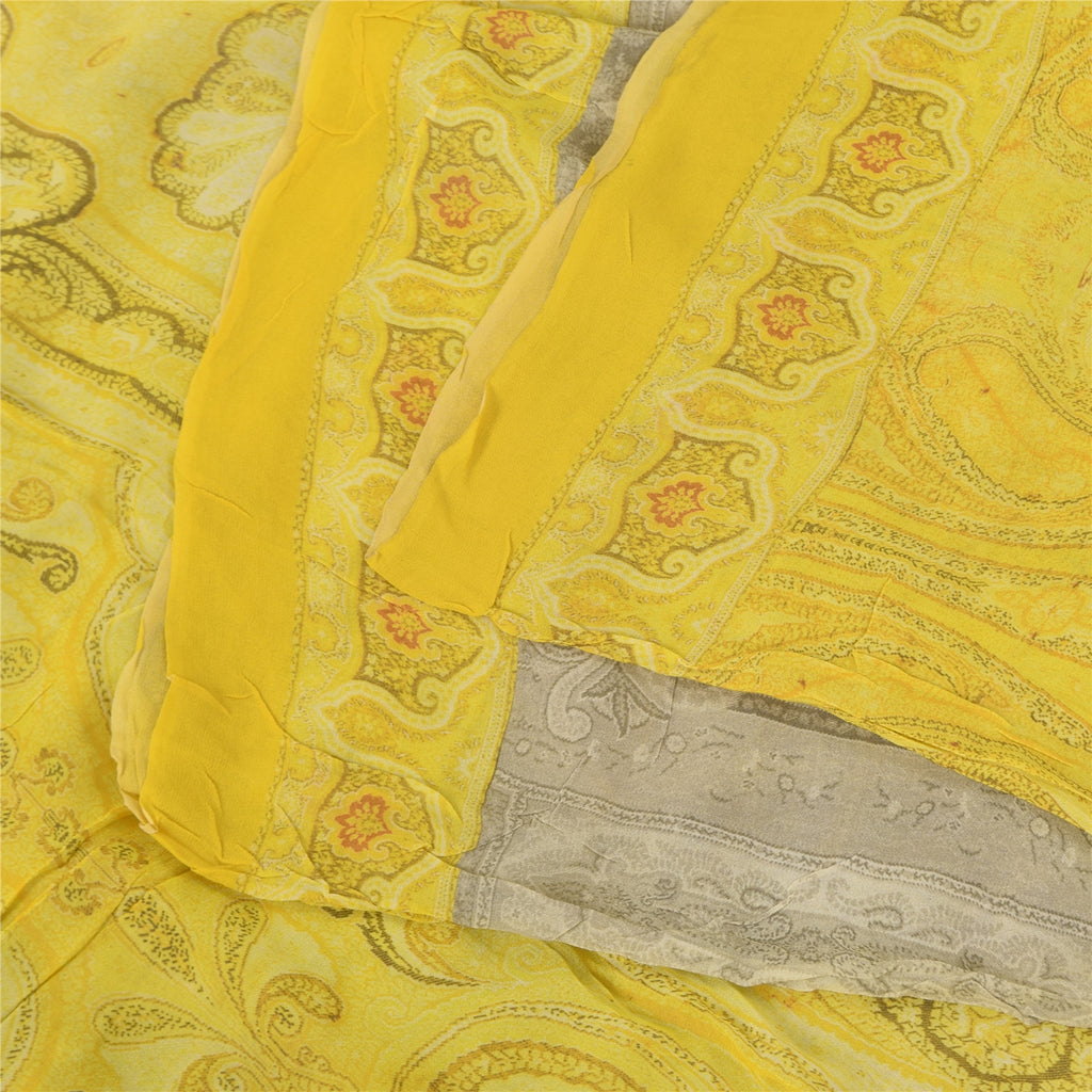 Sanskriti Vintage Sarees Yellow/Gray Pure Georgette Silk Print Sari 6+yd Fabric