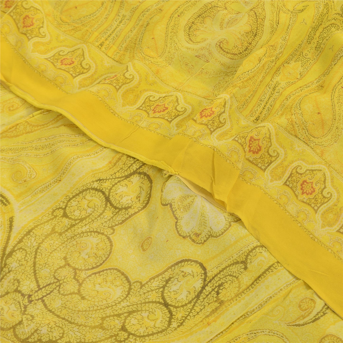 Sanskriti Vintage Sarees Yellow/Gray Pure Georgette Silk Print Sari 6+yd Fabric