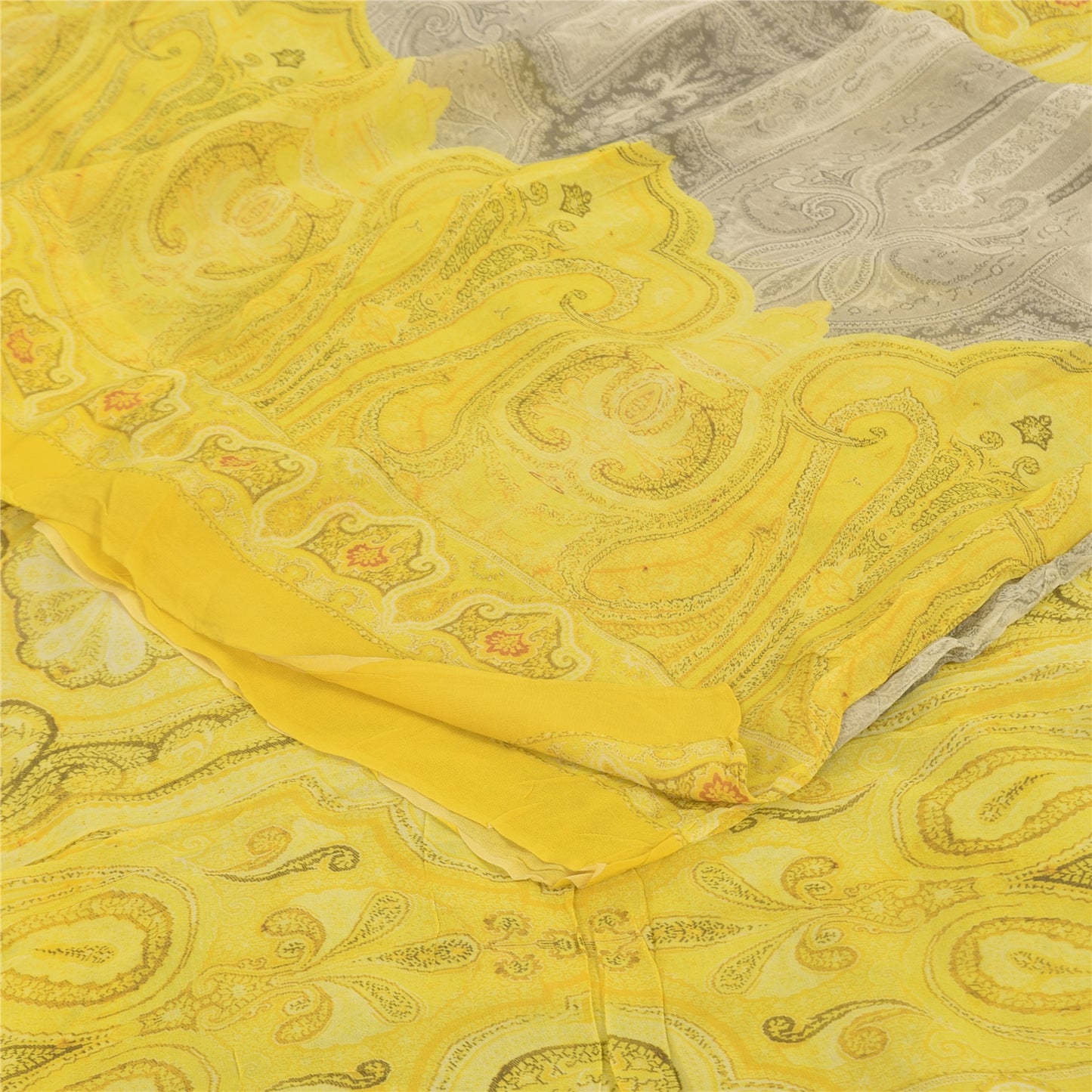 Sanskriti Vintage Sarees Yellow/Gray Pure Georgette Silk Print Sari 6+yd Fabric