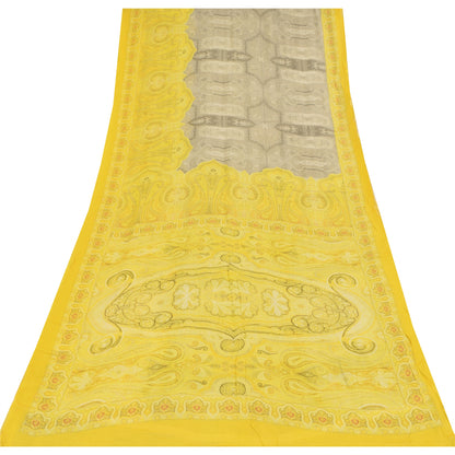 Sanskriti Vintage Sarees Yellow/Gray Pure Georgette Silk Print Sari 6+yd Fabric