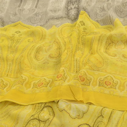 Sanskriti Vintage Sarees Yellow/Gray Pure Georgette Silk Print Sari 6+yd Fabric