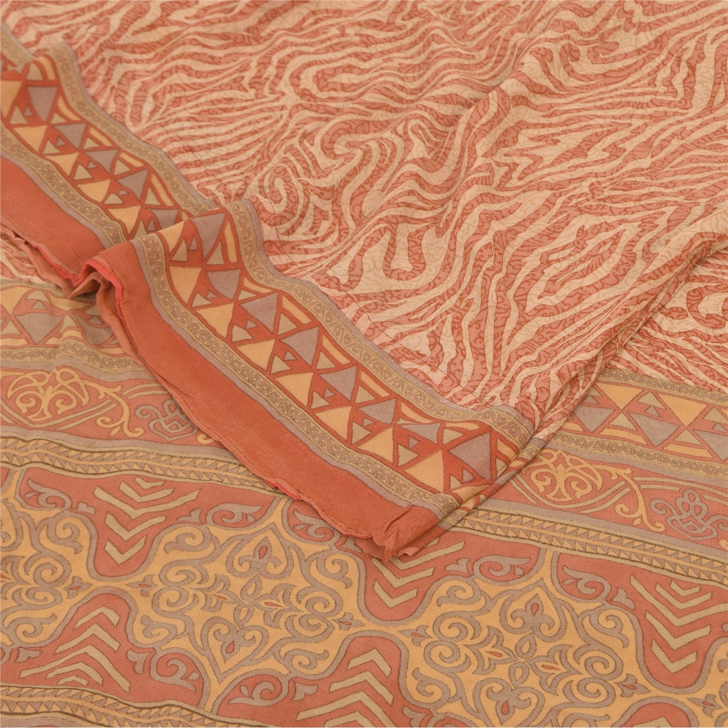 Sanskriti Vintage Sarees Dark Peach Pure Georgette Silk Printed Sari 5+yd Fabric