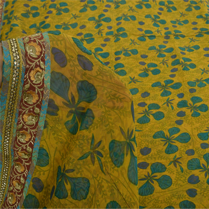 Sanskriti Vintage Sarees Yellow Pure Georgette Silk Print Sari 5+yd Craft Fabric