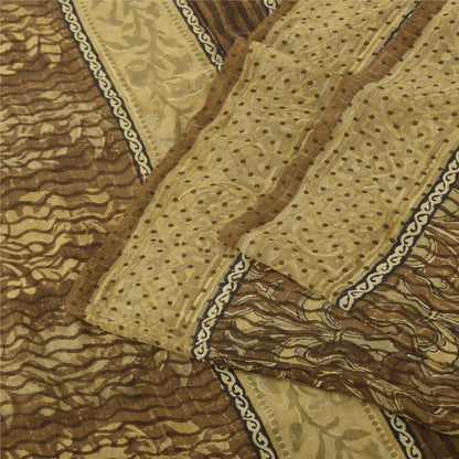 Sanskriti Vintage Sarees Brown Pure Georgette Silk Print Sari 5+yd Craft Fabric