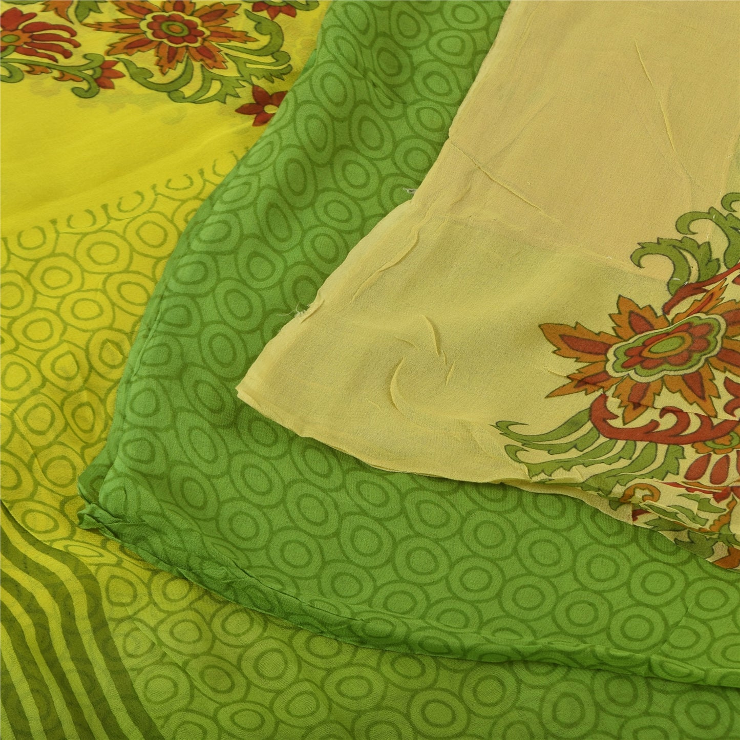 Sanskriti Vintage Sarees Green/Yellow Pure Georgette Printed Sari 5+yd Fabric