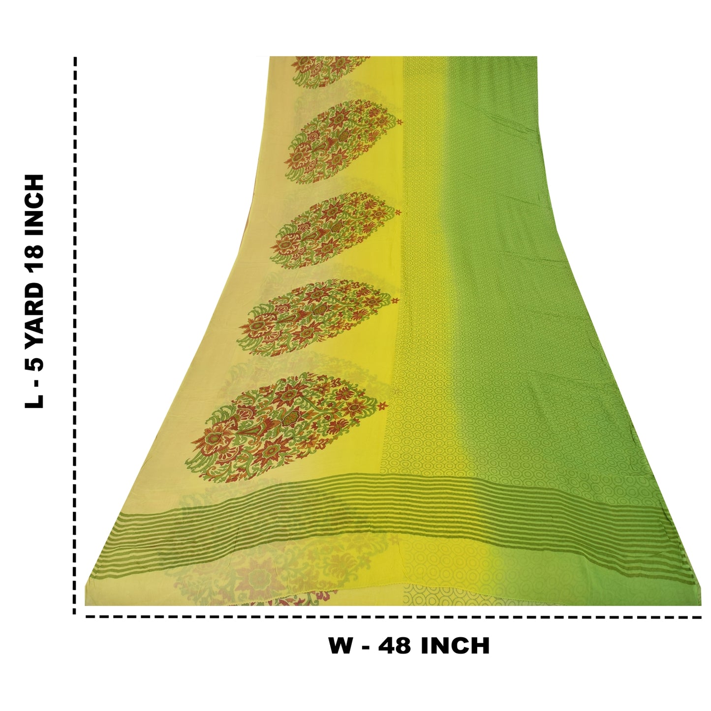 Sanskriti Vintage Sarees Green/Yellow Pure Georgette Printed Sari 5+yd Fabric