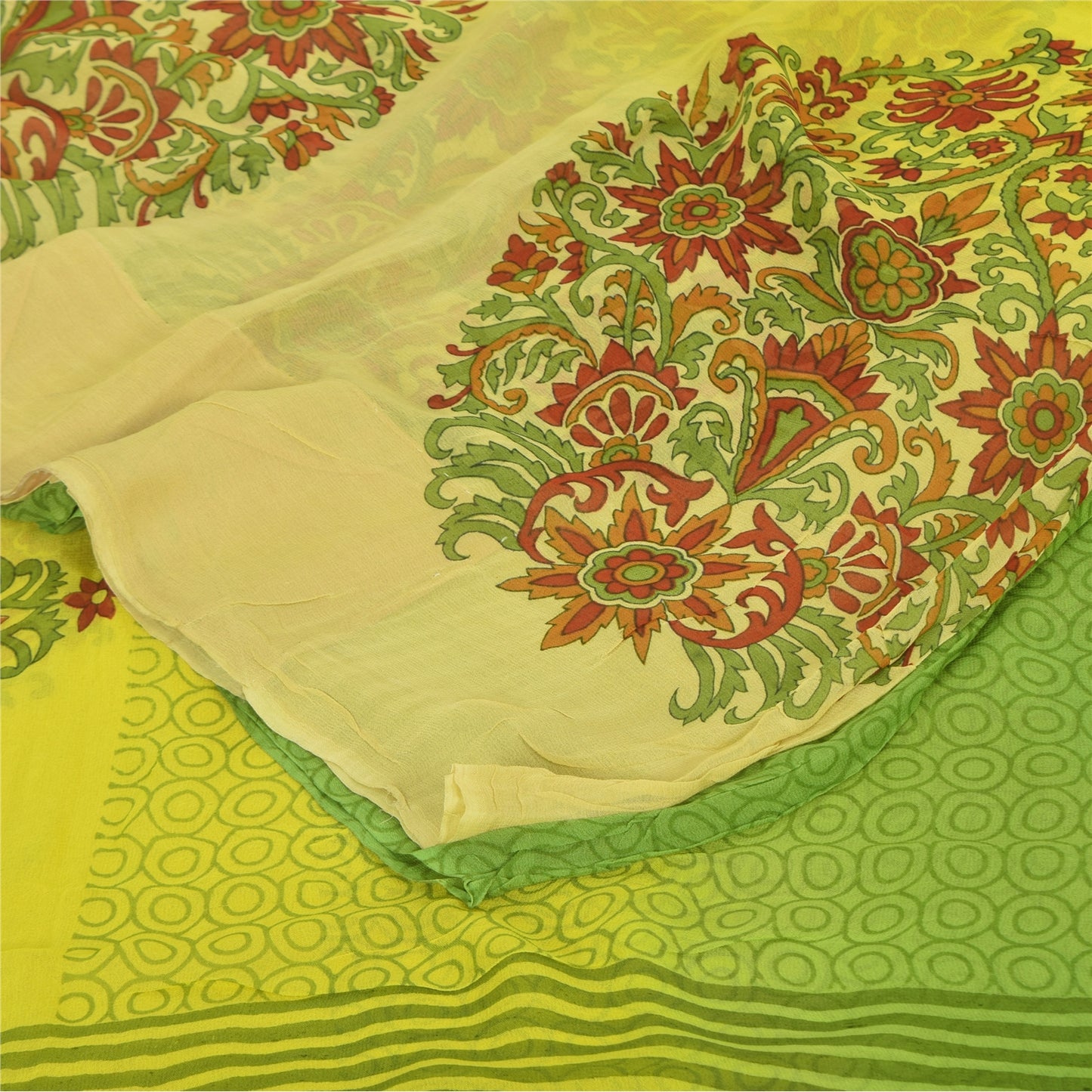 Sanskriti Vintage Sarees Green/Yellow Pure Georgette Printed Sari 5+yd Fabric