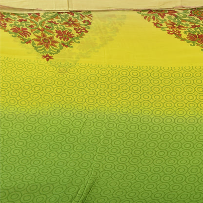 Sanskriti Vintage Sarees Green/Yellow Pure Georgette Printed Sari 5+yd Fabric