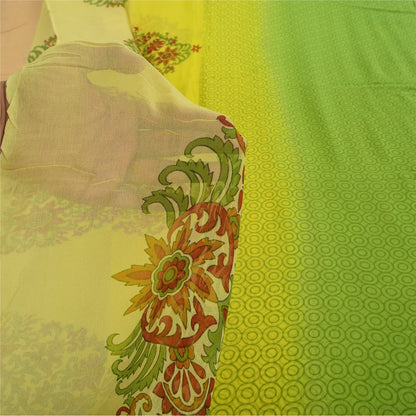 Sanskriti Vintage Sarees Green/Yellow Pure Georgette Printed Sari 5+yd Fabric