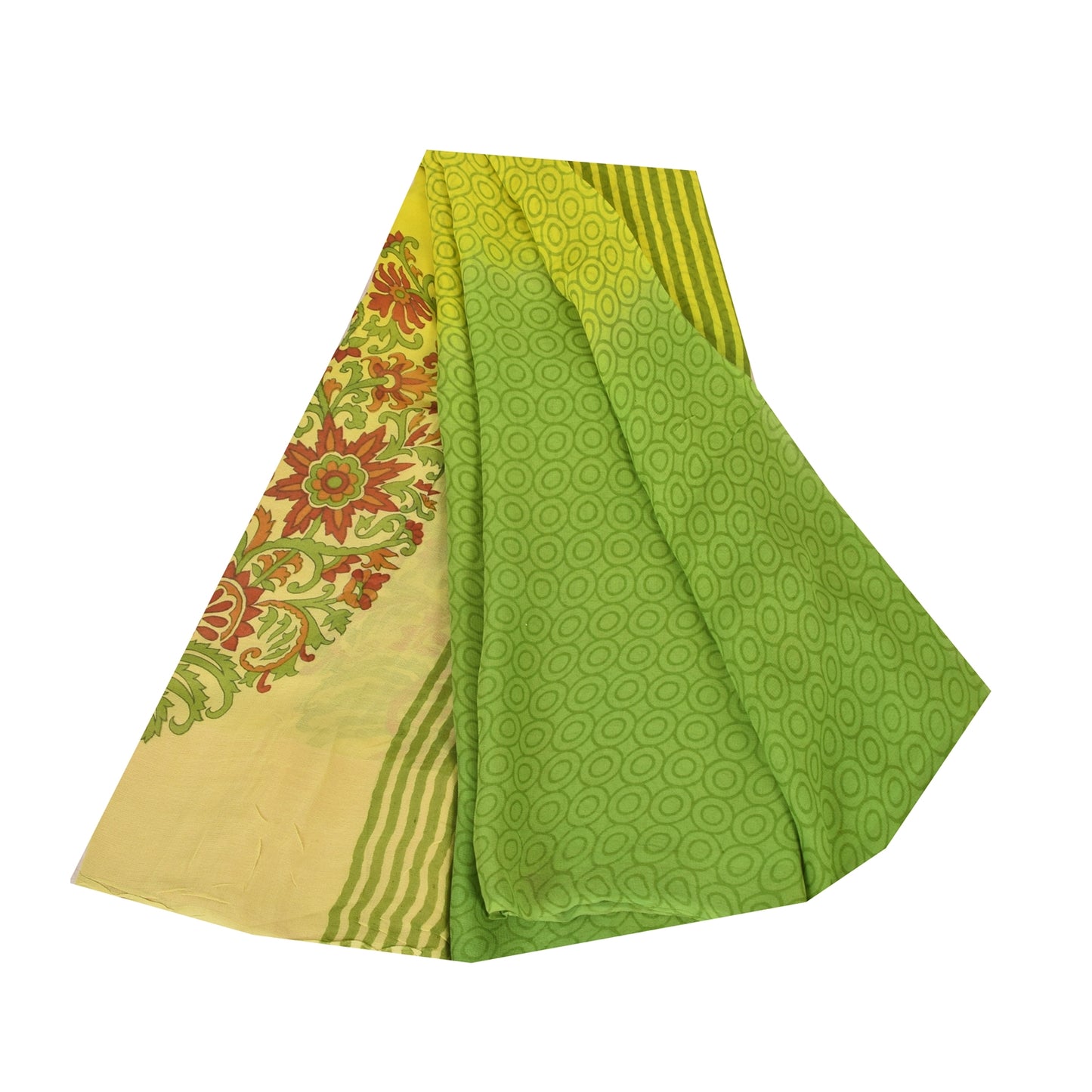 Sanskriti Vintage Sarees Green/Yellow Pure Georgette Printed Sari 5+yd Fabric