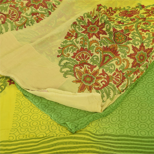 Sanskriti Vintage Sarees Green/Yellow Pure Georgette Printed Sari 5+yd Fabric