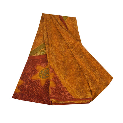 Sanskriti Vintage Sarees Saffron Pure Georgette Printed Sari 5+yd Craft Fabric