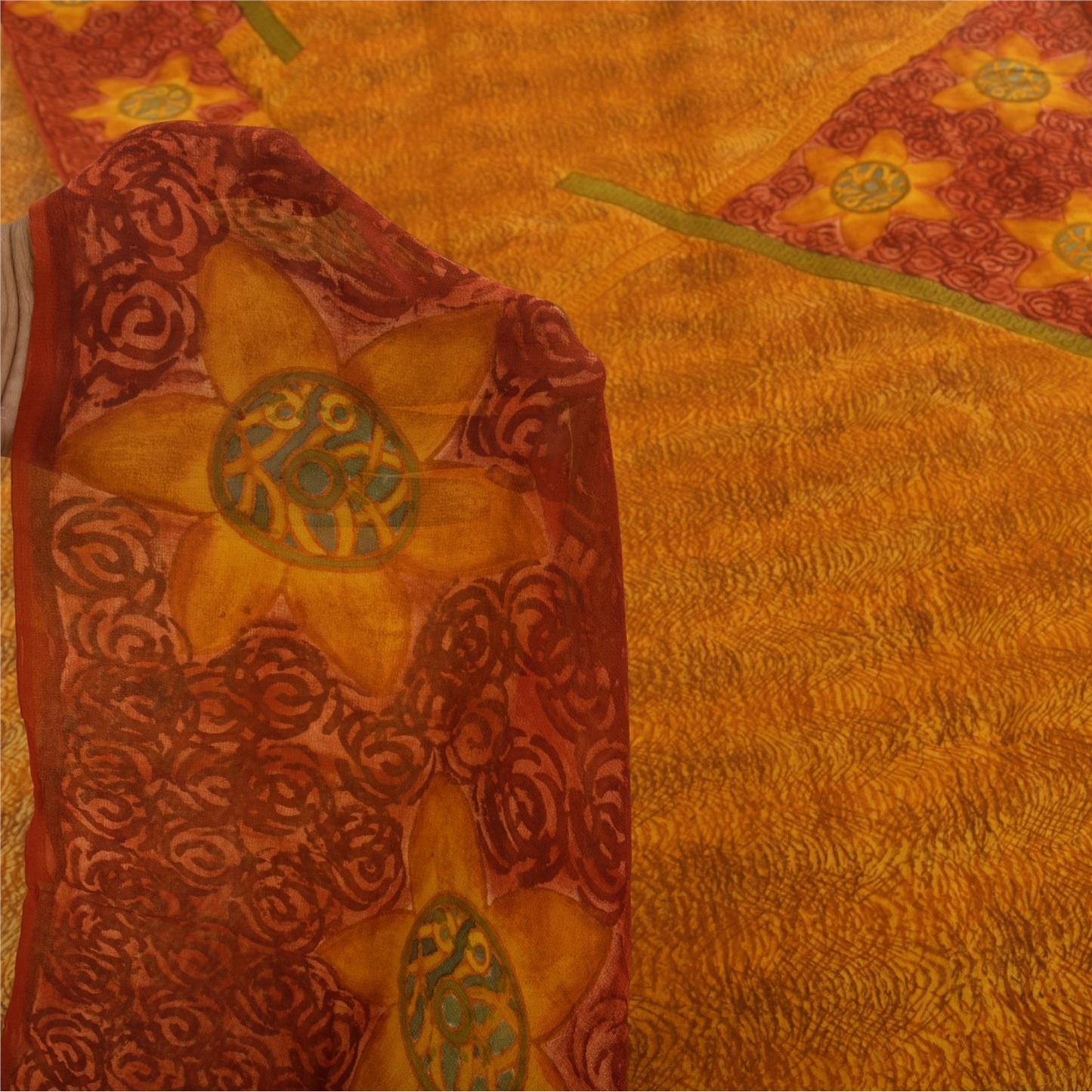 Sanskriti Vintage Sarees Saffron Pure Georgette Printed Sari 5+yd Craft Fabric