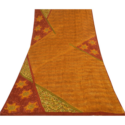 Sanskriti Vintage Sarees Saffron Pure Georgette Printed Sari 5+yd Craft Fabric