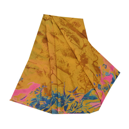 Sanskriti Vintage Sarees Saffron Pure Georgette Silk Printed Sari 5+yd Fabric