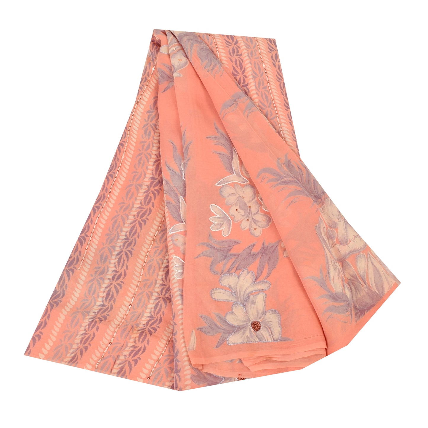 Sanskriti Vintage Sarees Peach Pure Georgette Silk Print Sari 5+yd Craft Fabric