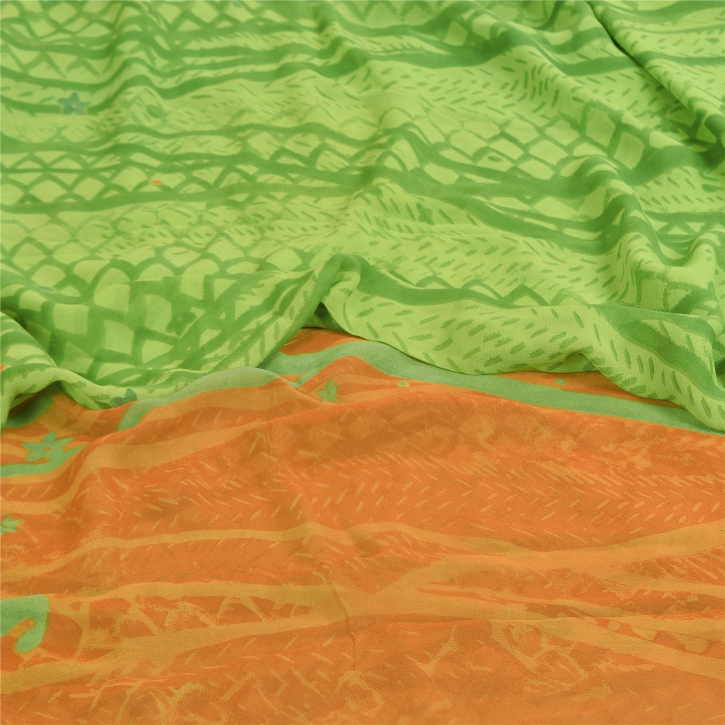 Sanskriti Vintage Sarees Green Pure Georgette Silk Print Sari 5+yd Craft Fabric