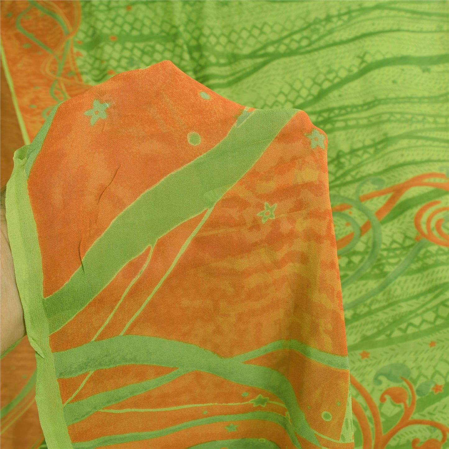 Sanskriti Vintage Sarees Green Pure Georgette Silk Print Sari 5+yd Craft Fabric