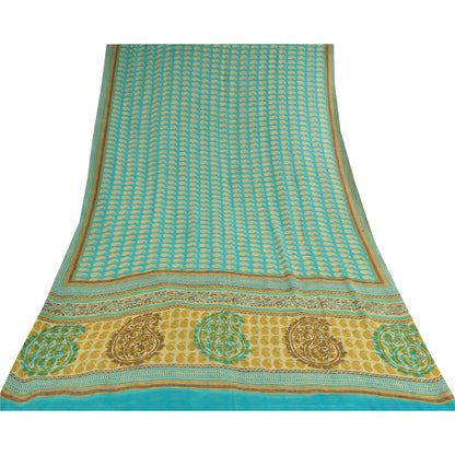 Sanskriti Vintage Sarees Blue Pure Georgette Silk Printed Sari 5+yd Craft Fabric