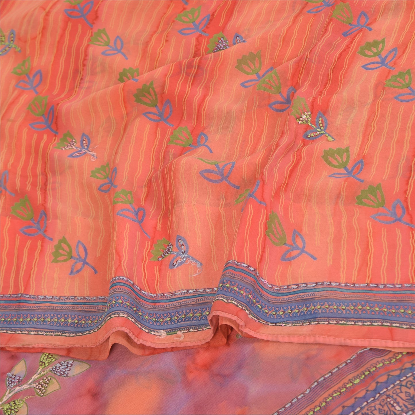 Sanskriti Vintage Sarees 100% Pure Georgette Silk Printed Sari 6yd Craft Fabric