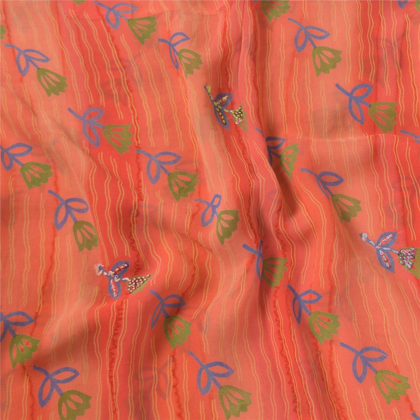 Sanskriti Vintage Sarees Peach Pure Georgette Silk Printed Sari 6yd Craft Fabric