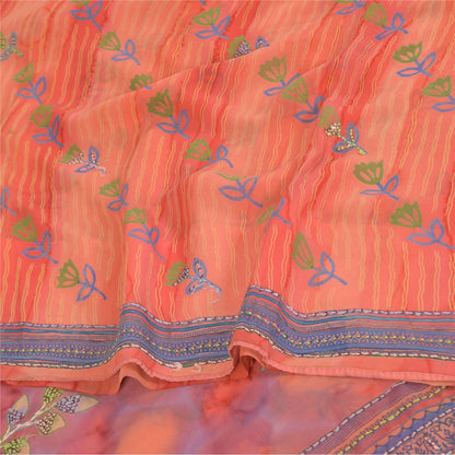 Sanskriti Vintage Sarees Peach Pure Georgette Silk Printed Sari 6yd Craft Fabric