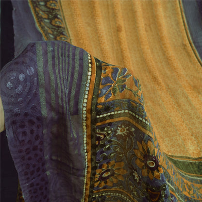 Sanskriti Vintage Sarees Yellow/Purple Pure Georgette Woven Print Sari Fabric