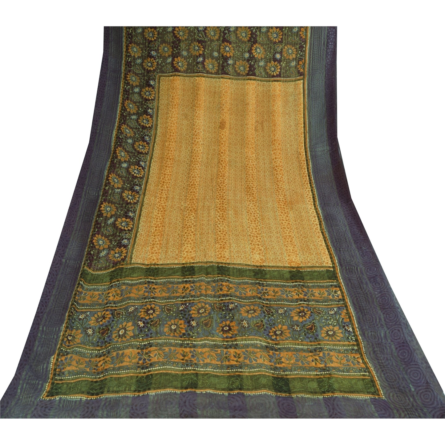 Sanskriti Vintage Sarees Yellow/Purple Pure Georgette Woven Print Sari Fabric