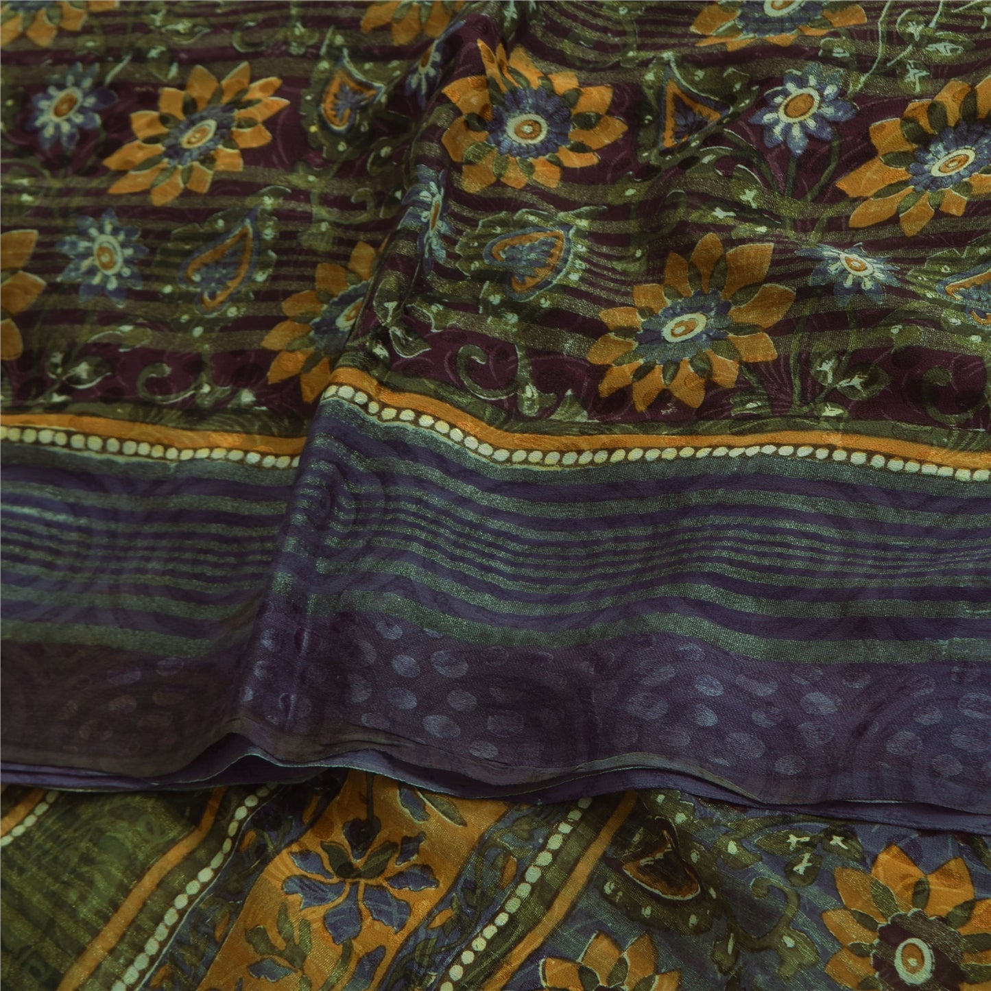 Sanskriti Vintage Sarees Yellow/Purple Pure Georgette Woven Print Sari Fabric