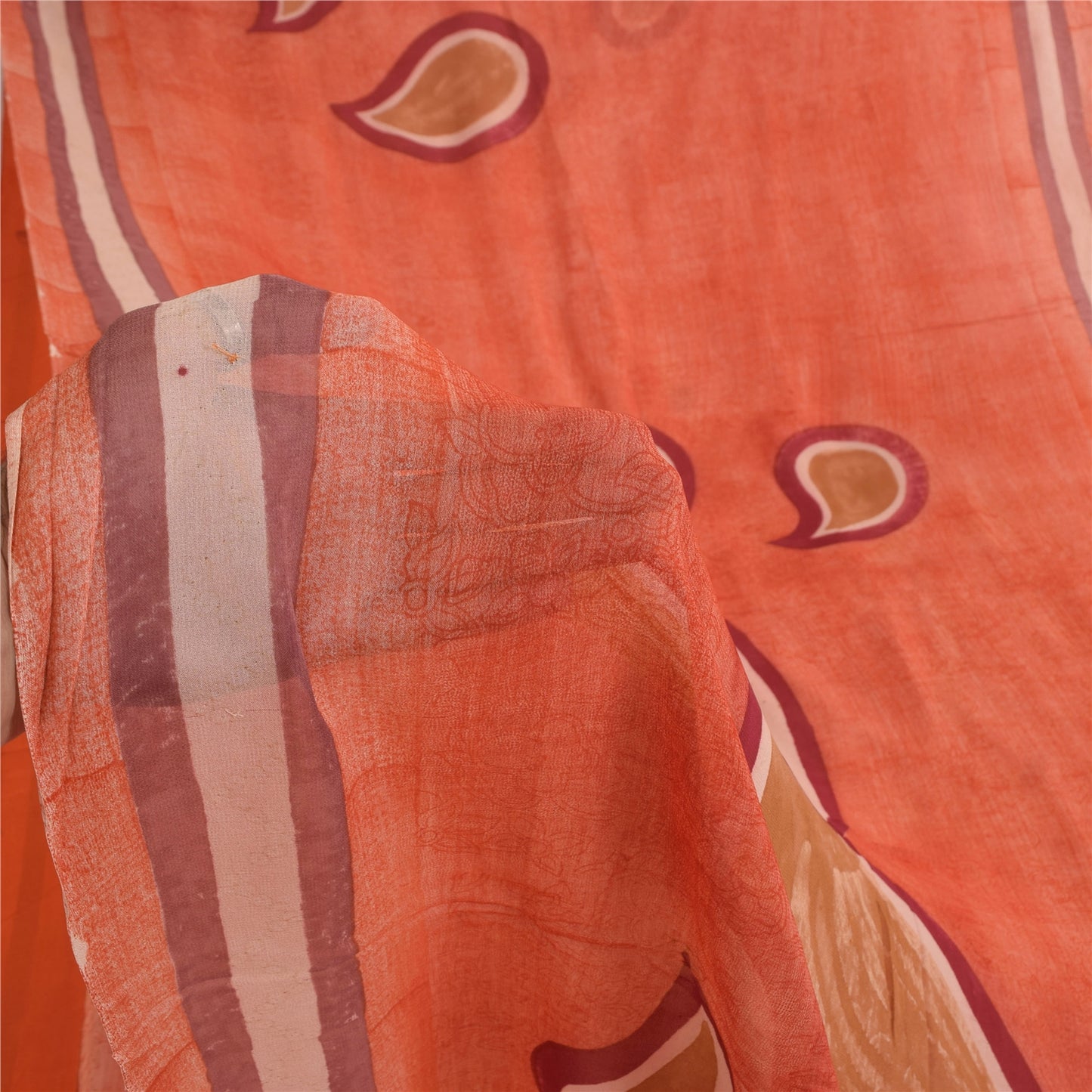 Sanskriti Vintage Sarees Peach Pure Georgette Silk Print Sari 6yd Craft Fabric