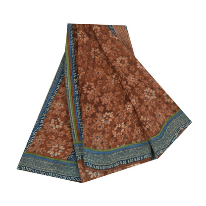 Sanskriti Vintage Sarees Brown Pure Georgette Silk Print Sari 5+yd Craft Fabric