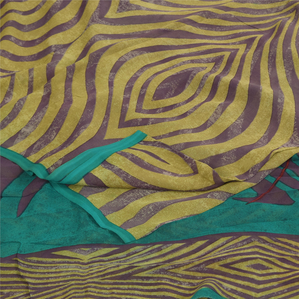 Sanskriti Vintage Sarees Yellow/Purple Pure Georgette Printed Sari 5+yd Fabric