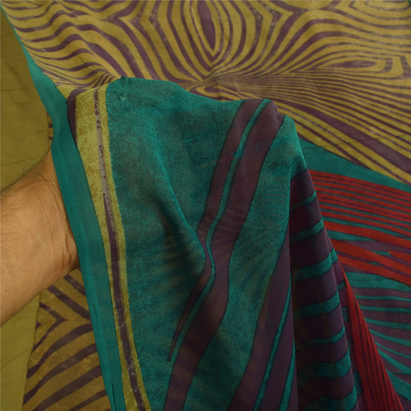 Sanskriti Vintage Sarees Yellow/Purple Pure Georgette Printed Sari 5+yd Fabric