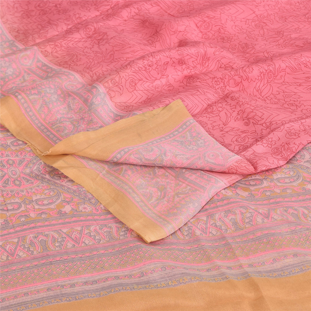 Sanskriti Vintage Sarees Pink Pure Georgette Silk Printed Sari 6+yd Craft Fabric