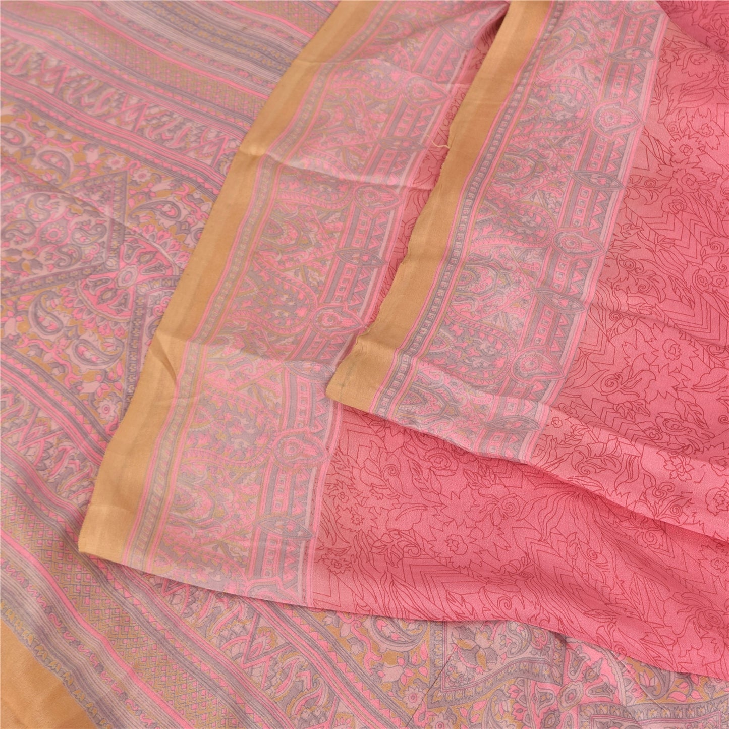 Sanskriti Vintage Sarees Pink Pure Georgette Silk Printed Sari 6+yd Craft Fabric