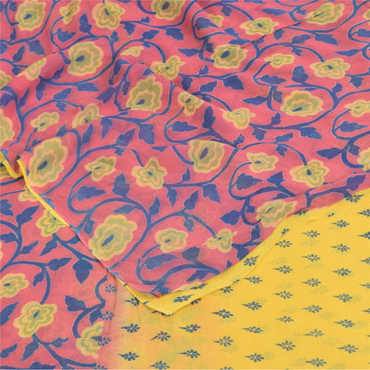 Sanskriti Vintage Sarees Yellow/Pink Pure Georgette Print Sari 5+yd Craft Fabric