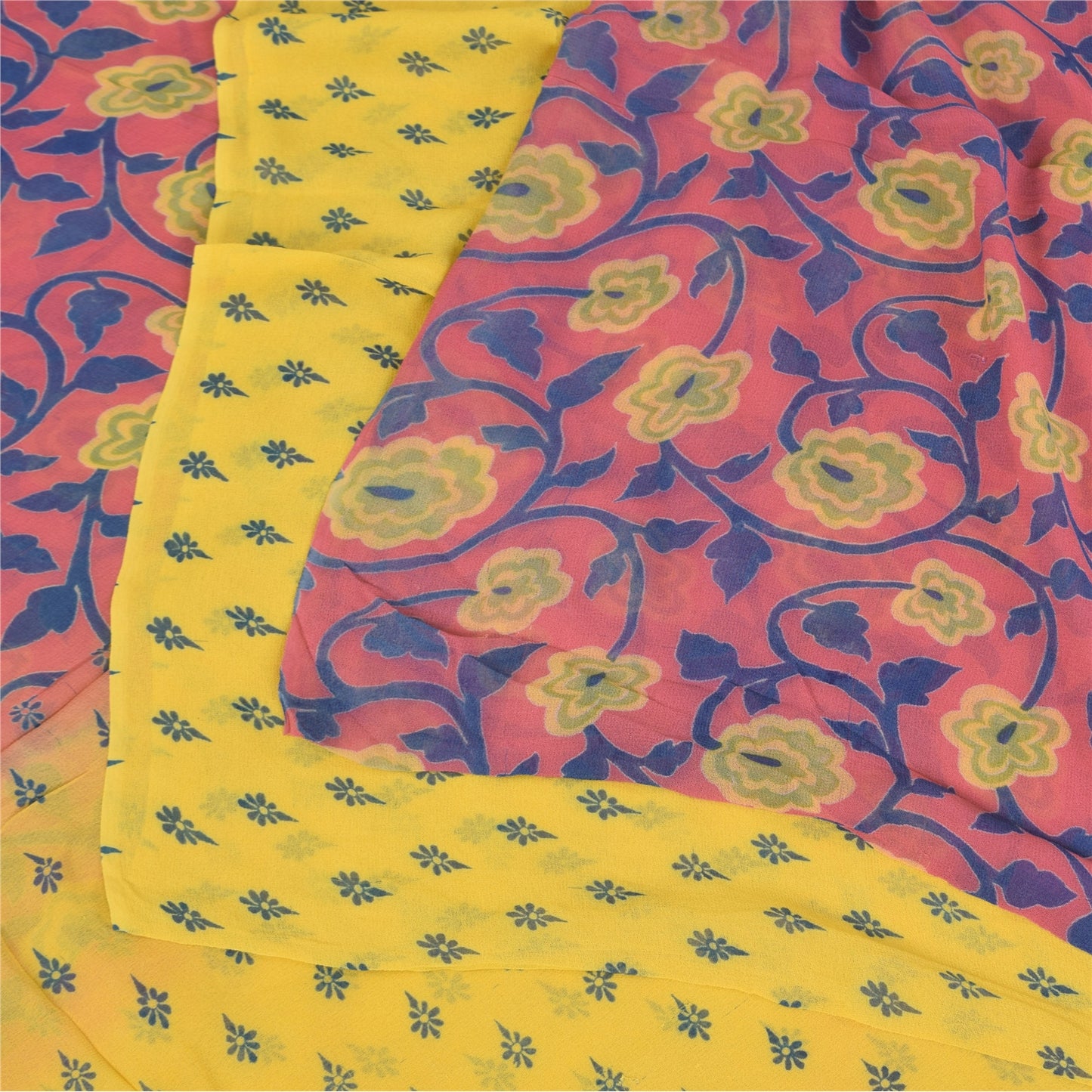 Sanskriti Vintage Sarees Yellow/Pink Pure Georgette Print Sari 5+yd Craft Fabric