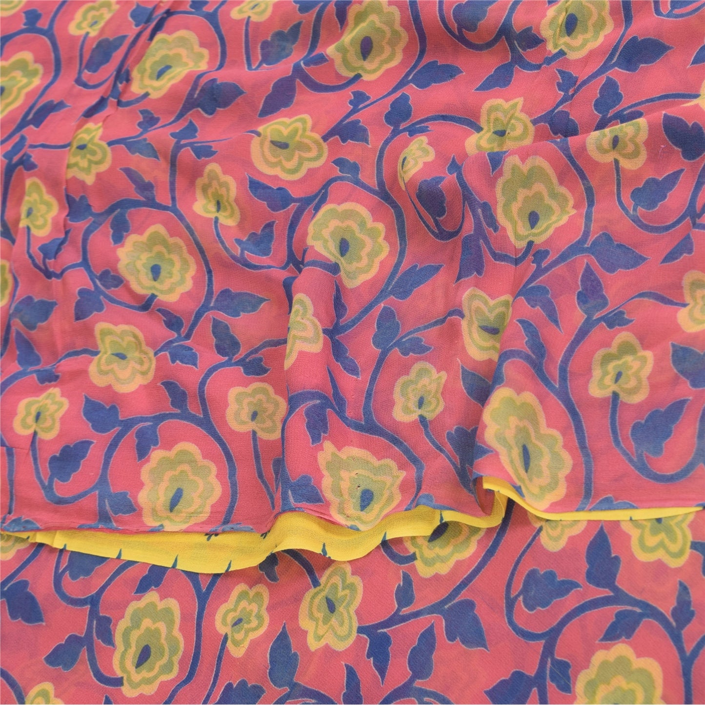 Sanskriti Vintage Sarees Yellow/Pink Pure Georgette Print Sari 5+yd Craft Fabric