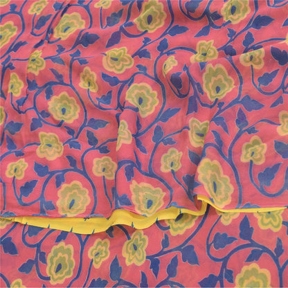 Sanskriti Vintage Sarees Yellow/Pink Pure Georgette Print Sari 5+yd Craft Fabric