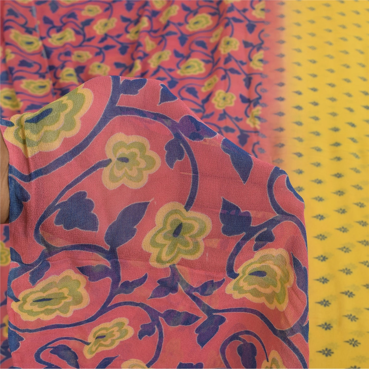 Sanskriti Vintage Sarees Yellow/Pink Pure Georgette Print Sari 5+yd Craft Fabric