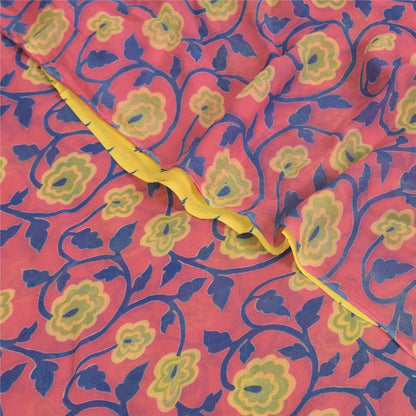 Sanskriti Vintage Sarees Yellow/Pink Pure Georgette Print Sari 5+yd Craft Fabric