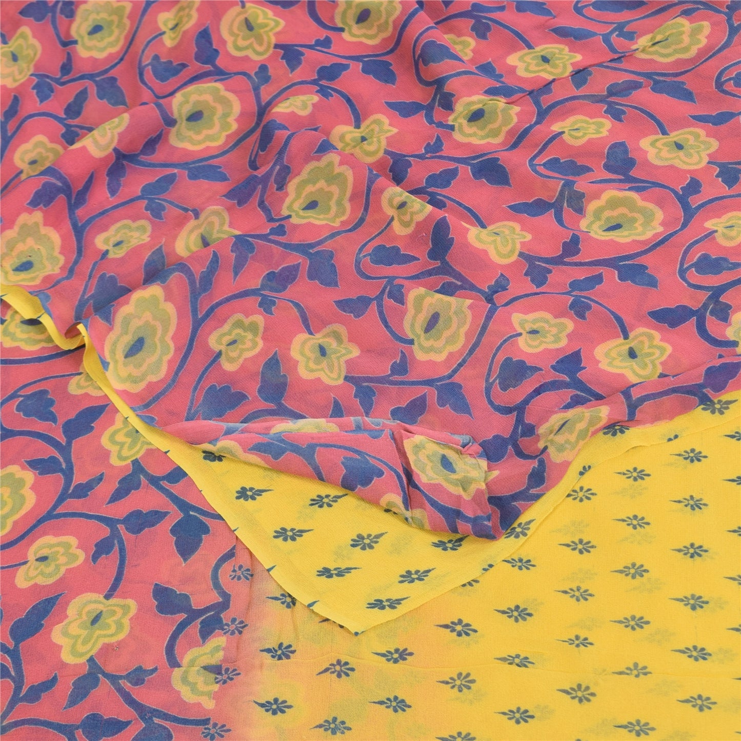 Sanskriti Vintage Sarees Yellow/Pink Pure Georgette Print Sari 5+yd Craft Fabric