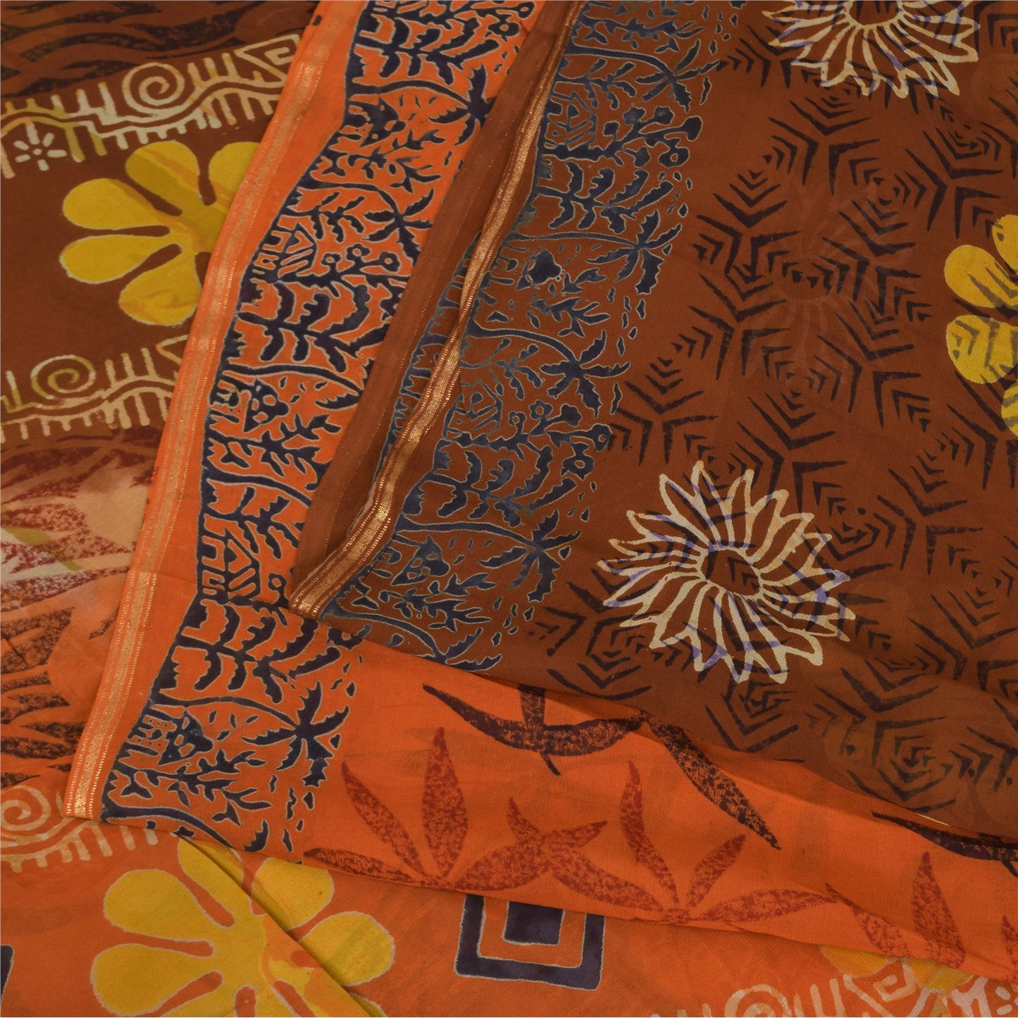 Sanskriti Vintage Sarees Orange/Brown Pure Georgette Printed Sari 5+yd Fabric