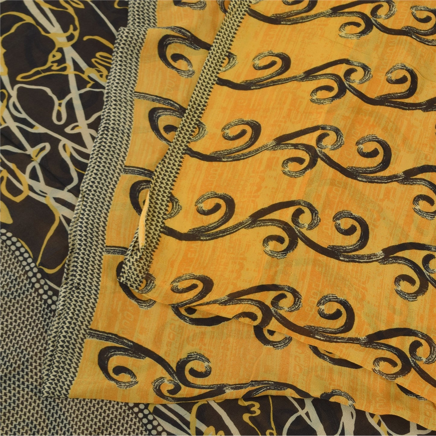 Sanskriti Vintage Sarees Yellow Pure Georgette Silk Print Sari 5+yd Craft Fabric