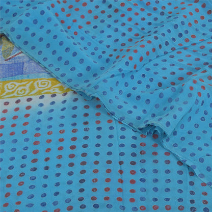 Sanskriti Vintage Sarees Blue Pure Georgette Silk Printed Sari 5+yd Craft Fabric