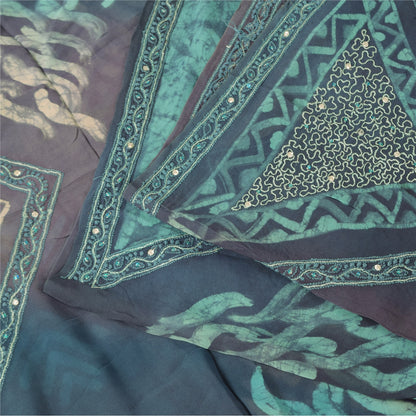 Sanskriti Vintage Sarees Blue/Purple Embroidery Print Pure Georgette Sari Fabric