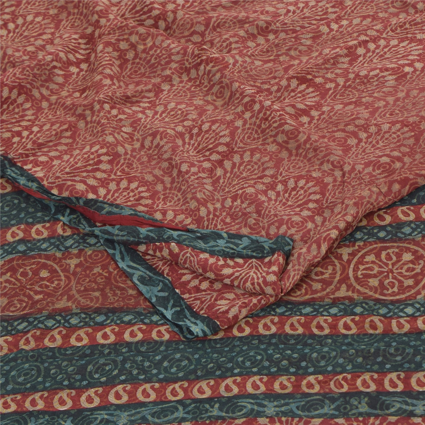 Sanskriti Vintage Sarees Red Pure Georgette Silk Printed Sari 6yd Craft Fabric