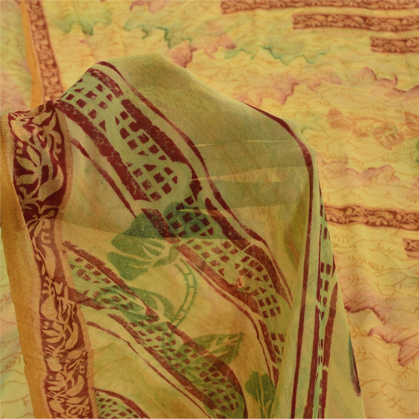 Sanskriti Vintage Sarees Yellow 100% Pure Georgette Print Sari 5+yd Craft Fabric