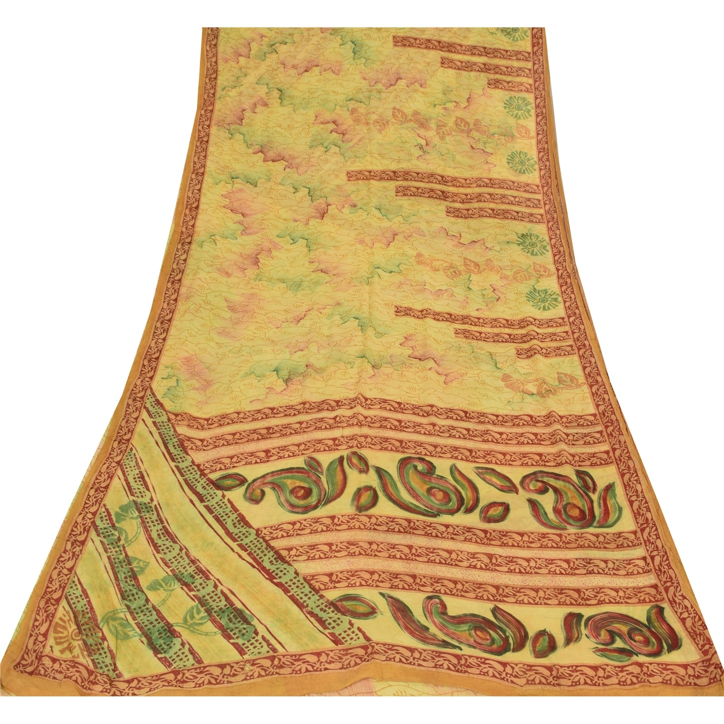 Sanskriti Vintage Sarees Yellow 100% Pure Georgette Print Sari 5+yd Craft Fabric